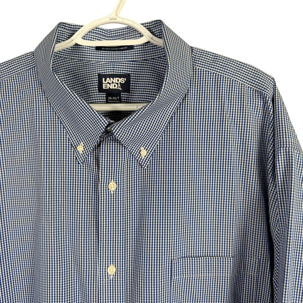 Lands End Button Down Men 20-36/T Blue Gingham No Iron Supima Pinpoint Shirt